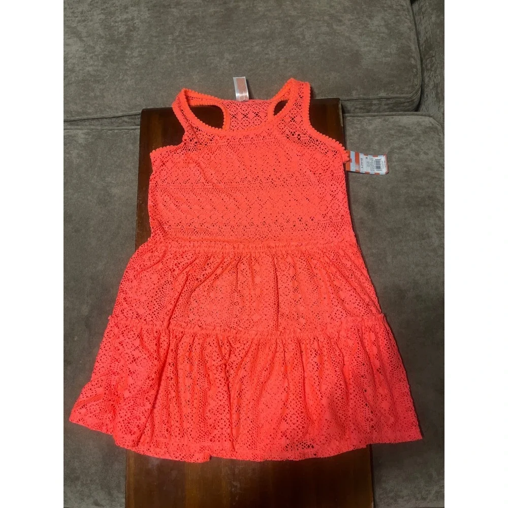Cat & Jack Girls Rainbow Striped One Piece Swimsuit & Neon Pink Lace CoverUp Set